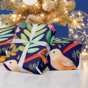 Colourful vivid flowers and birds Wrapping Paper