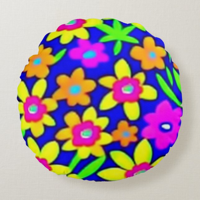 Colourful vivid flowers round pillow (Front)