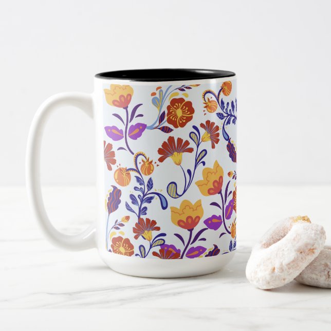 Colourful & Vivid Modern Flowers Two-Tone Coffee Mug (With Donut)