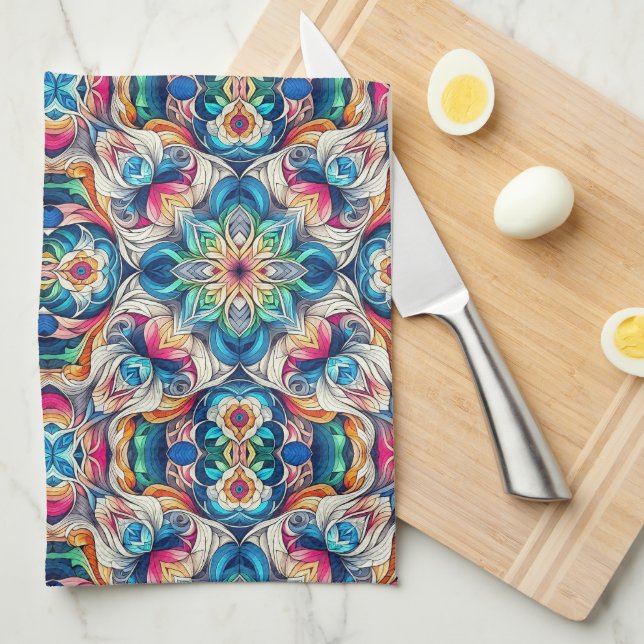 Colourful Vortex Tile Pattern Kitchen Towel (Quarter Fold)