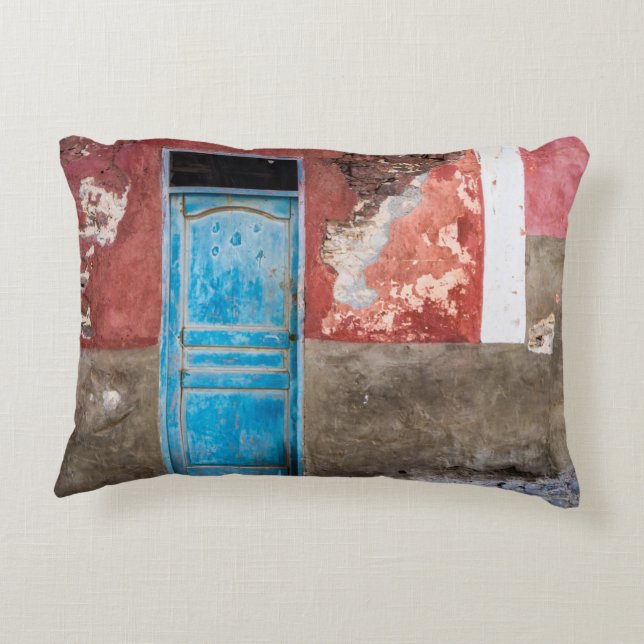 Colourful wall with blue door accent pillow (Back)