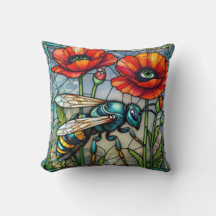 Colourful Wasp Stained Glass Poppy Mosaic Steampun Throw Pillow