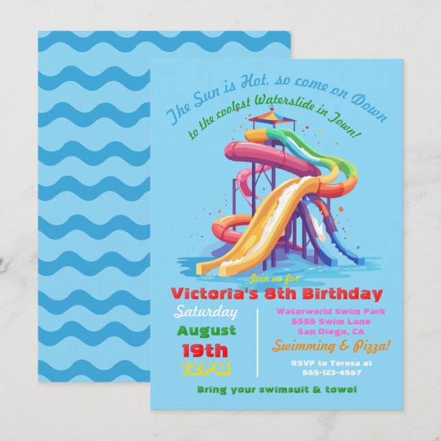 Colourful Water slide Pool birthday party Invitation (Front/Back)