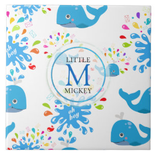Colourful Water Splash Blue Whale Monogram Pattern Tile
