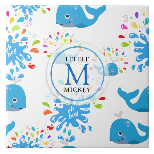 Colourful Water Splash Blue Whale Monogram Pattern Tile (Front)