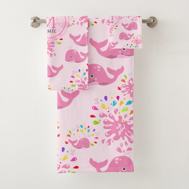 Colourful Water Splash Pink Whale Monogram Pattern Bath Towel Set (Insitu)