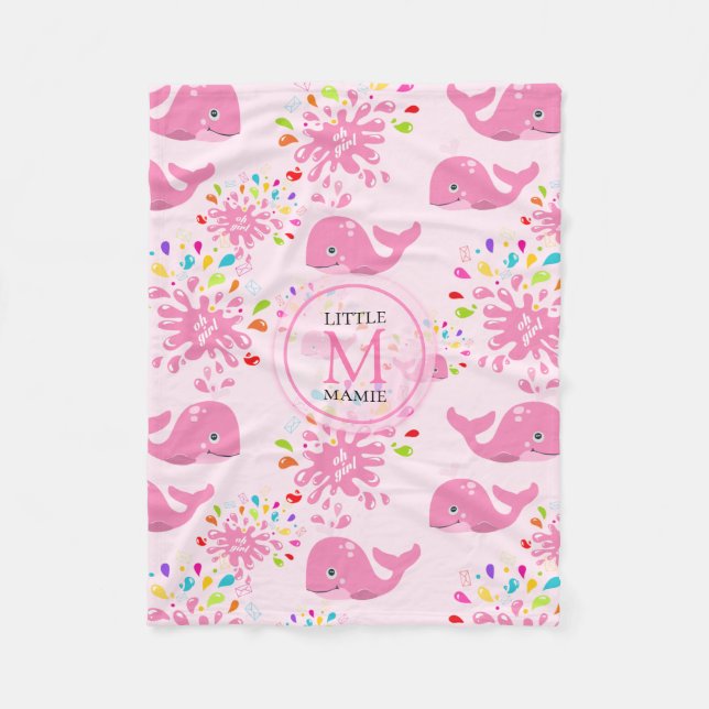Colourful Water Splash Pink Whale Monogram Pattern Fleece Blanket (Front)