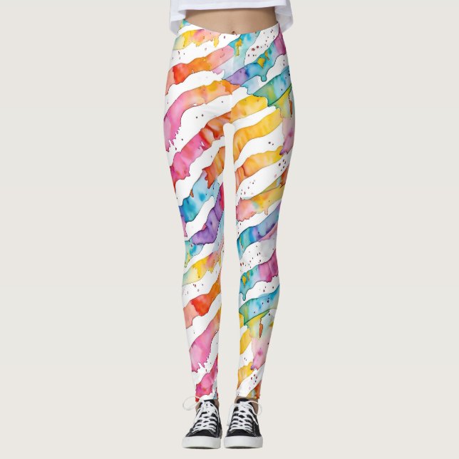 Colourful Watercolor Abstract Stripes  Leggings (Front)
