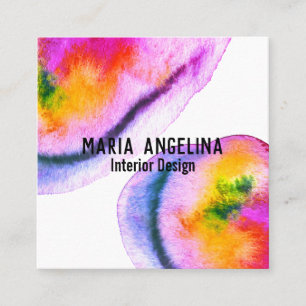 Colourful watercolor abstract swirls purple yellow square business card