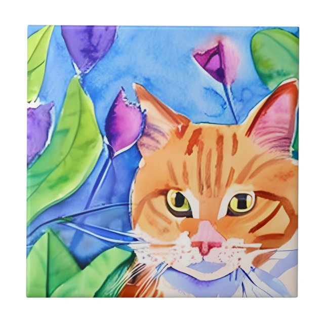 Colourful Watercolor Art | Orange Cat and Flowers Tile (Front)