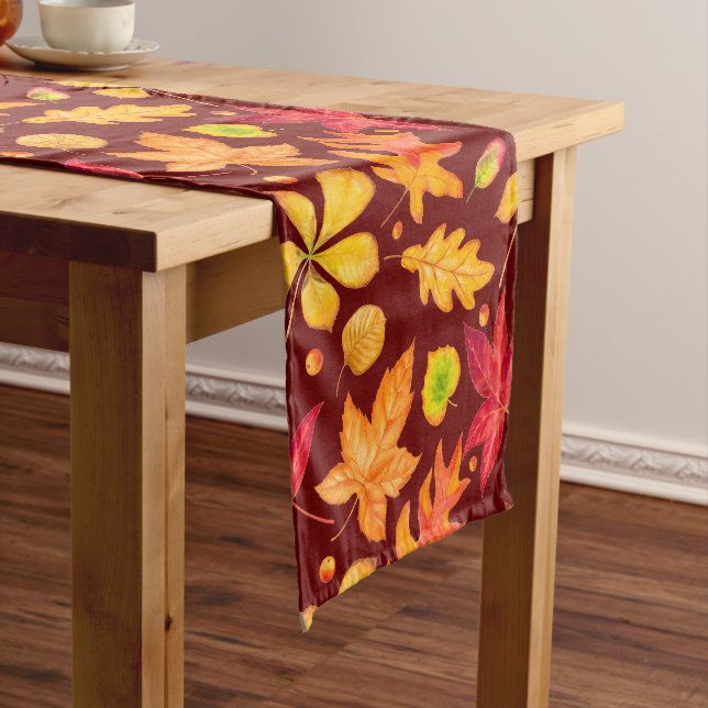 Colourful Watercolor Autumn Leaves  Short Table Runner (In Situ)
