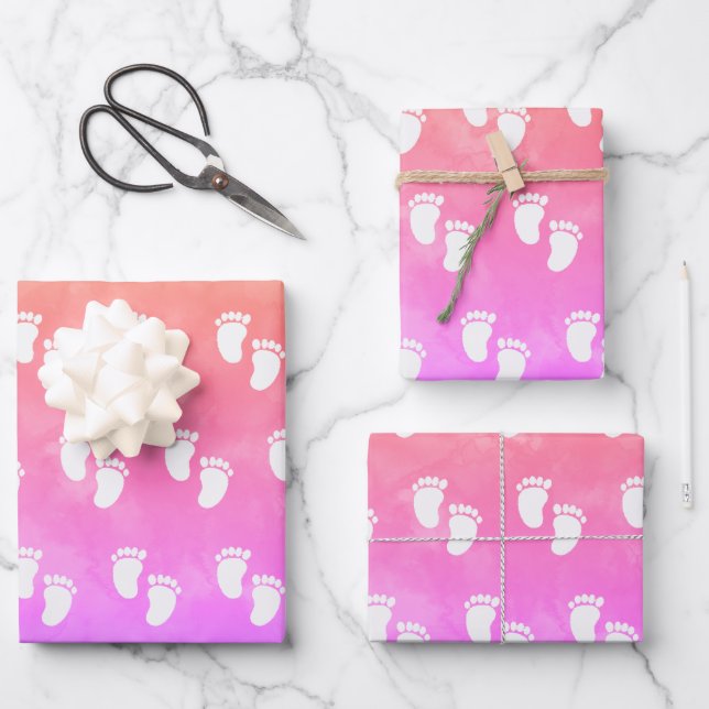 Colourful Watercolor Baby Shower Footprint Pattern Wrapping Paper Sheet (Front)