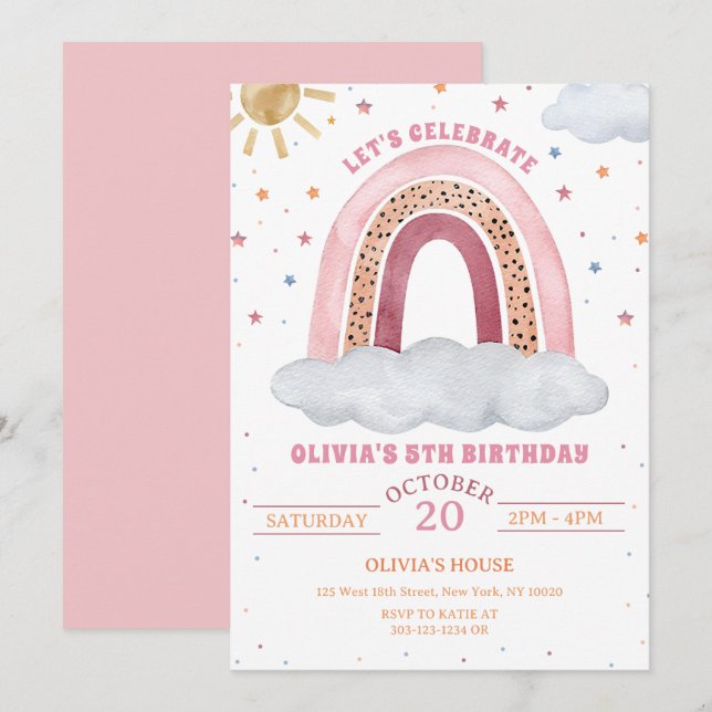 Colourful Watercolor Boho Rainbow Girl Birthday Invitation (Front/Back)