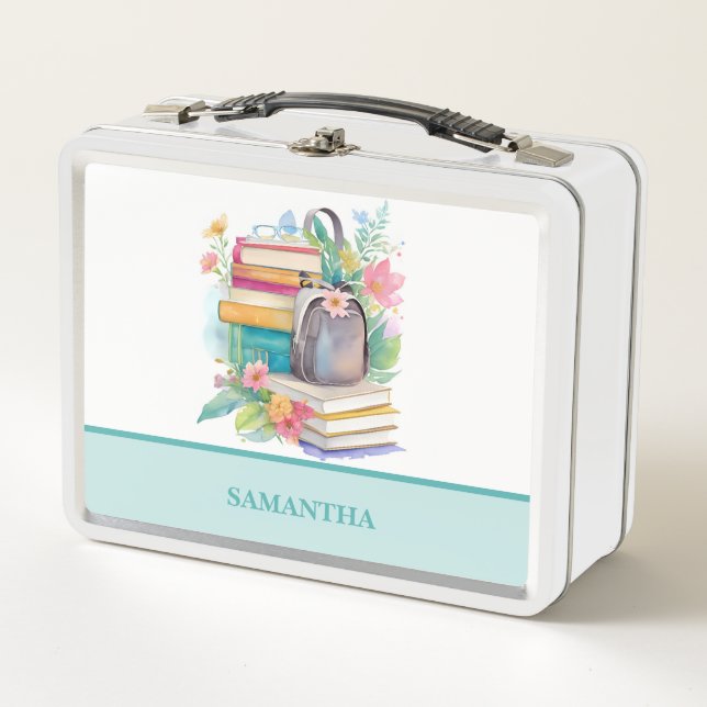 Colourful Watercolor Books and Backpack Metal Lunch Box (Front)