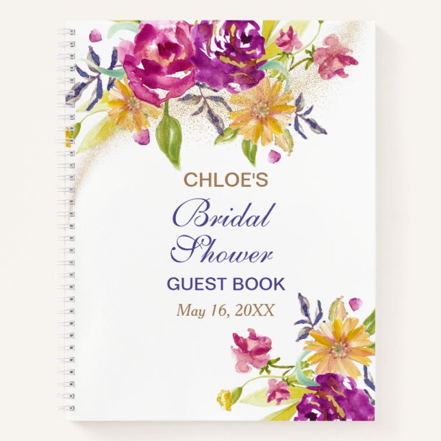 Colourful Watercolor Bouquet Bridal Shower Guest Notebook (Front)