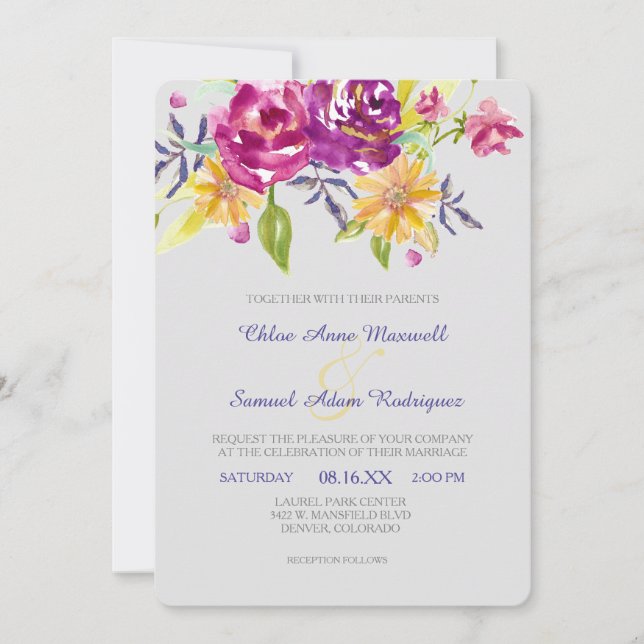 Colourful Watercolor Bouquet Wedding Invitation (Front)