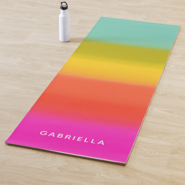 Colourful Watercolor Bright Rainbow Stripes Name Yoga Mat (In Situ)