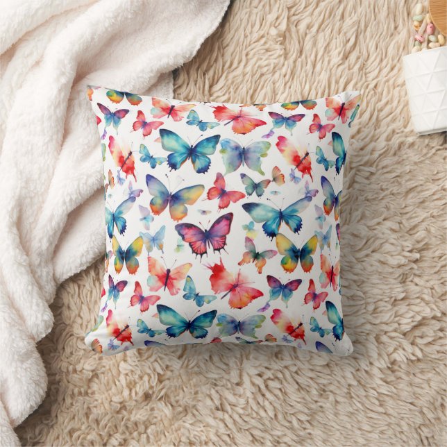 Colourful Watercolor Butterfly Rainbow Pattern Throw Pillow (Blanket)