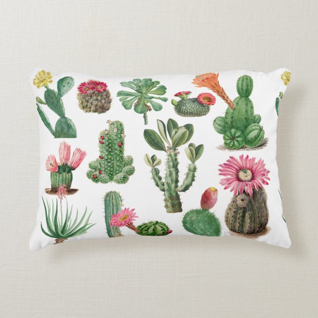 Colourful Watercolor Cactus & Succulents Flowers Accent Pillow (Front)