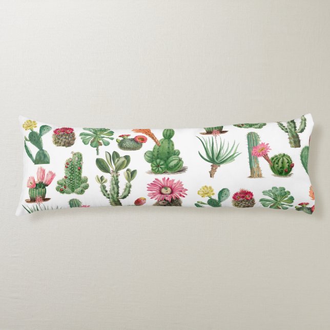 Colourful Watercolor Cactus & Succulents Flowers Body Pillow (Front)