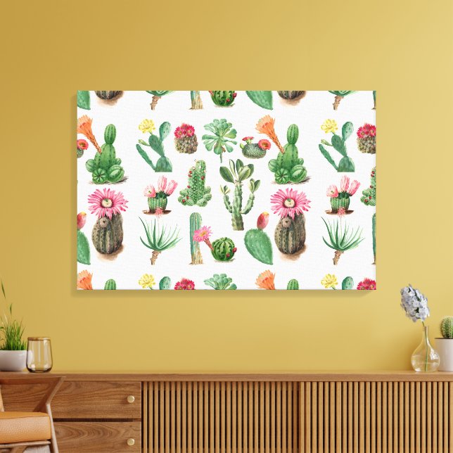 Colourful Watercolor Cactus & Succulents Flowers Canvas Print (Insitu(LivingRoom))