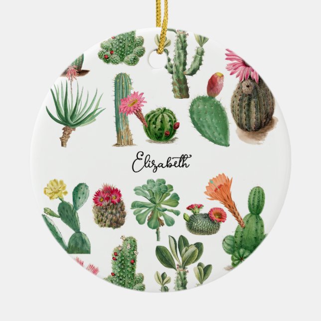 Colourful Watercolor Cactus & Succulents Flowers Ceramic Ornament (Front)