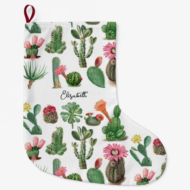 Colourful Watercolor Cactus & Succulents Flowers  Large Christmas Stocking (Front)
