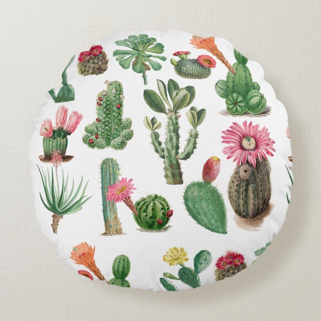Colourful Watercolor Cactus & Succulents Flowers Round Pillow (Front)