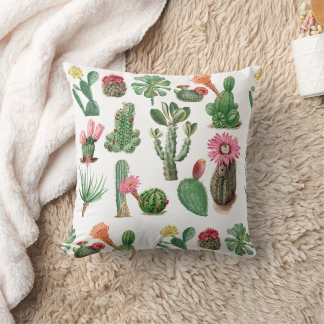 Colourful Watercolor Cactus & Succulents Flowers  Throw Pillow (Blanket)