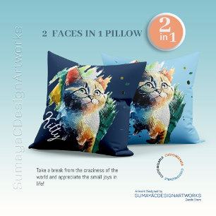 Colourful Watercolor Cat Portrait 2 in 1  Throw Pillow