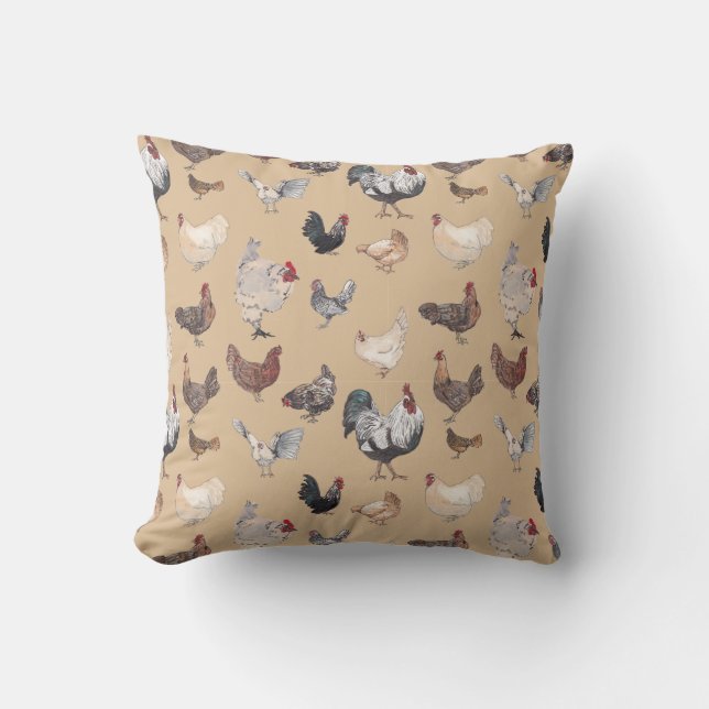 Colourful Watercolor Chicken Print Throw Pillow (Front)