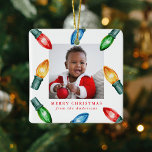 Colourful Watercolor Christmas Lights 2 Photo Ceramic Ornament<br><div class="desc">Add a touch of festive charm to your holiday decor with this square ceramic Christmas ornament, featuring a cheerful design of watercolor Christmas bulb lights in red, green, blue, and orange. The front displays your favourite photo framed by vibrant lights on a white background, along with your custom greeting and...</div>