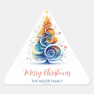 Colourful Watercolor Christmas Tree Customizable Triangle Sticker