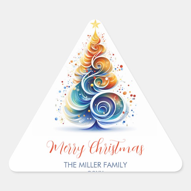 Colourful Watercolor Christmas Tree Customizable Triangle Sticker (Front)
