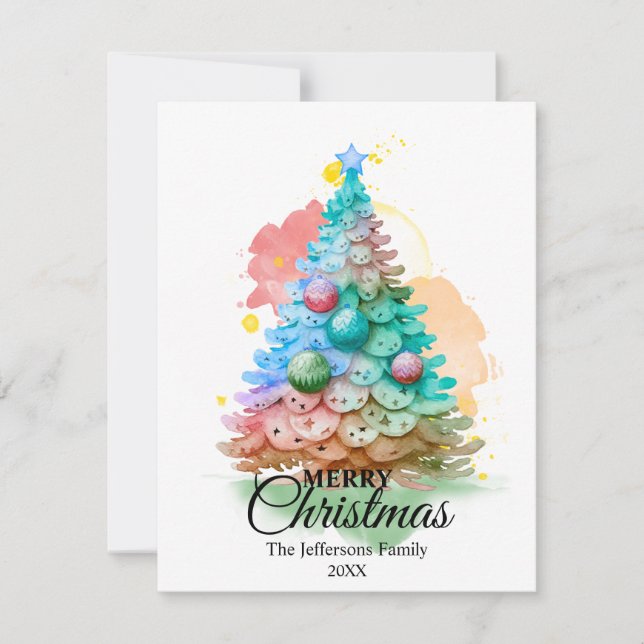 Colourful Watercolor Christmas Tree Holiday Card (Front)