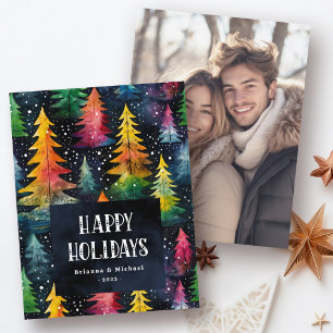Colourful watercolor Christmas trees Happy Holiday Card
