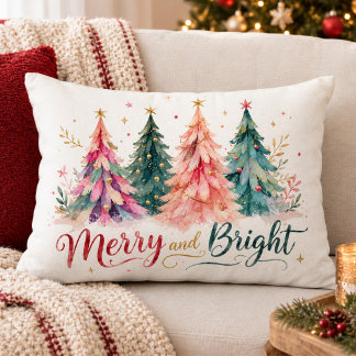Colourful Watercolor Christmas Trees Merry & Brigh Accent Pillow