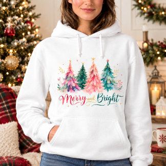 Colourful Watercolor Christmas Trees Merry & Brigh Hoodie