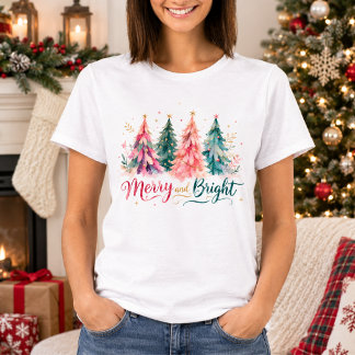 Colourful Watercolor Christmas Trees Merry & Brigh T-Shirt