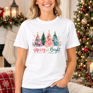 Colourful Watercolor Christmas Trees Merry & Brigh T-Shirt