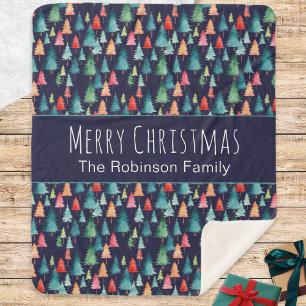 Colourful Watercolor Christmas Trees Personalized Sherpa Blanket