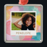 Colourful Watercolor Circles and Dots Name Photo Metal Ornament<br><div class="desc">A sweet,  playful pattern of painted watercolor circles and dots in a rainbow of cute colours,  personalized with your name and photo. Contact me with any questions or requests.</div>