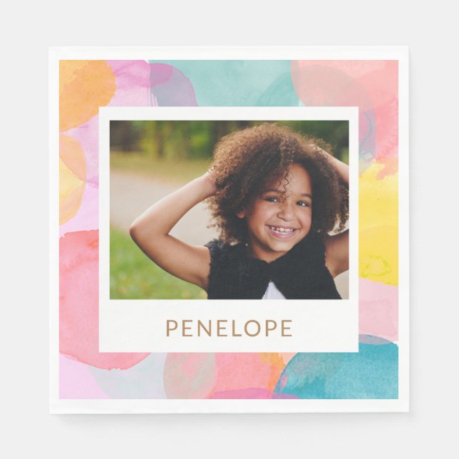 Colourful Watercolor Circles and Dots Name Photo  Napkin (Front)