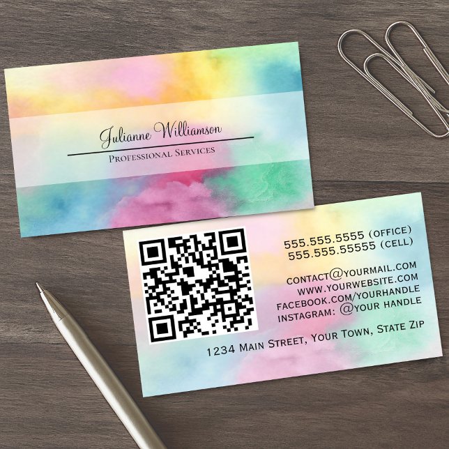 Colourful Watercolor Clouds with QR Code Pretty Business Card (Front/Back)