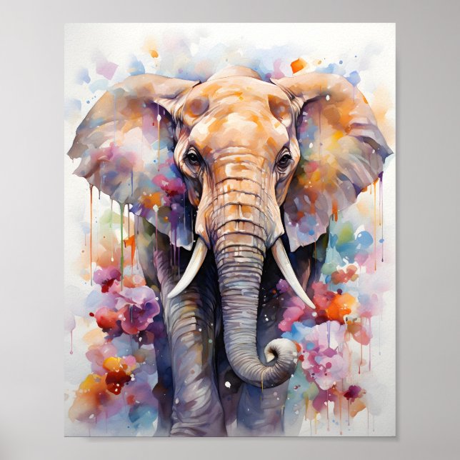Colourful Watercolor Cool Painting Wild Elephant Poster (Front)
