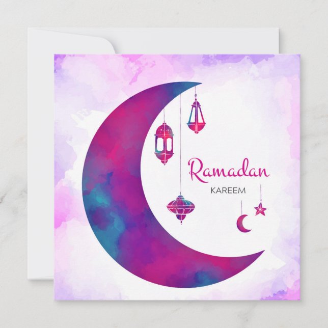 Colourful Watercolor Crescent Ramadan Kareem  Holiday Card (Front)