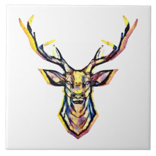 Colourful Watercolor Deer Head Art  Tile