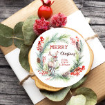 Colourful Watercolor Deer Wreath Christmas  Classic Round Sticker<br><div class="desc">A festive colourful Christmas sticker featuring a cute watercolor deer and Holiday wreath with pine cones and berries</div>