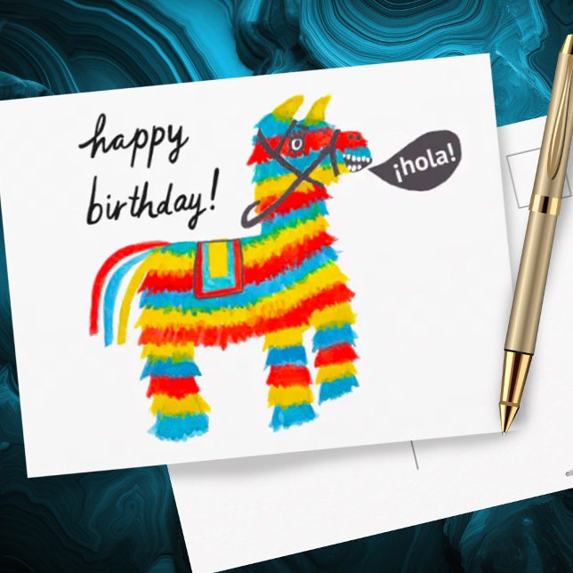 Colourful Watercolor Donkey Piñata HAPPY BIRTHDAY Postcard (Cute colorful watercolor donkey pinata happy birthday postcard)