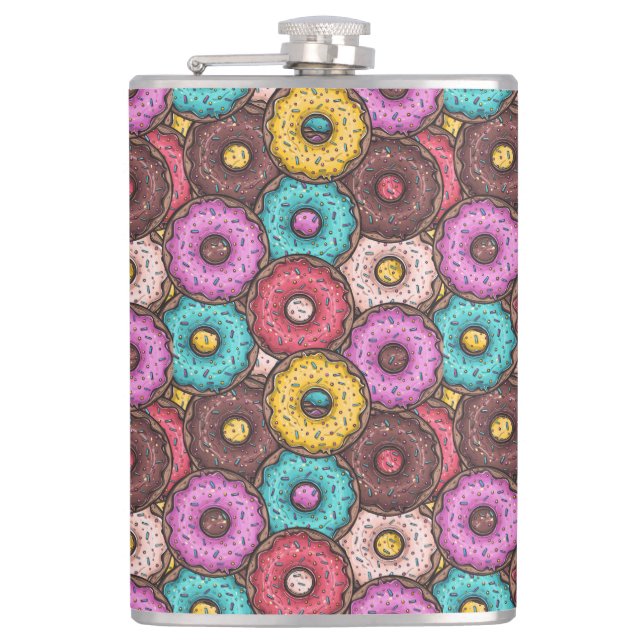 Colourful Watercolor Doughnuts with Sprinkles Patt Hip Flask (Front)